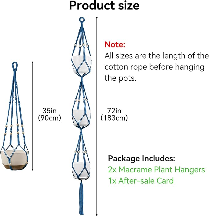 USLAI Macrame Plant Hanger Indoor Outdoor, Up to 4-15 inch Pot, Heavy 20lb Planters, Extra Long Strong Hanging Planter Basket Holder, Boho Home Decor, 35+72 Inch, Blue (POTS NOT Included)