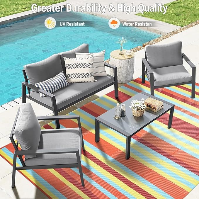 Outdoor Waterproof Rug 9'x12' Plastic Straw Rugs Washable Reversible Floor Mat Rainbow Stripe Carpet for Camping RV Deck Entryance Porch Picnic Balcony Beach Backyard