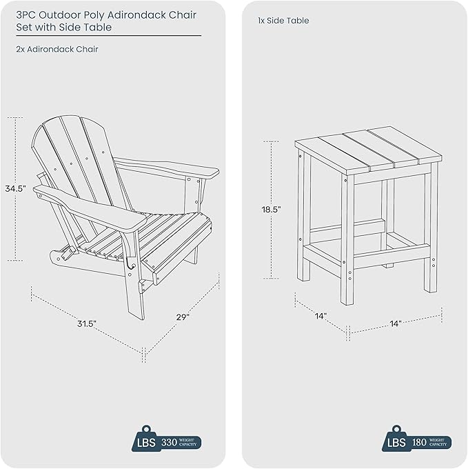 WO Home Furniture Adirondack Chair Table Set of 2 PCS Outdoor Folding Chair w Side Table Weather/UV Resistant for Lawn, Garden, Bon Fire, Balcony (Dark Green)