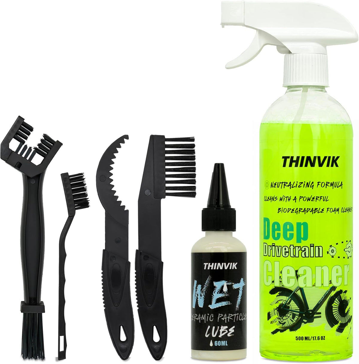 Thinvik Bike Lube and Cleaner Set with 500ml Chain Cleaner, 60ml Wet/Dry Lubricant and 4 Brush Tools for Cleaning Chains, Chainrings, Freewheel/Cassette
