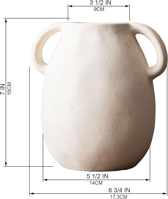 Kimdio White Ceramic Vase with 2 Handles – Sand-Glazed Clay Pottery Vase for Dried Flowers, Rustic Modern Table Decor, Farmhouse Boho Shelf Decoration