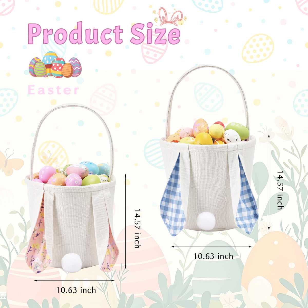 Easter Baskets Set of 2 With Wooden Tag Bunny Egg Basket Gingham Bucket Candy with Handle Tote Reusable Goody Baskets Gifts Bags