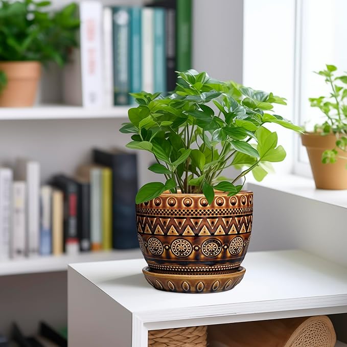 G EPGardening Ceramic Pot for Plants 5.5 Inch - Ceramic Plant Pot with Drainage Hole and Saucer, Boho Round Planter for Indoor Outdoor Plants, Plant Lover Gifts, Office Garden House Decor, Brown