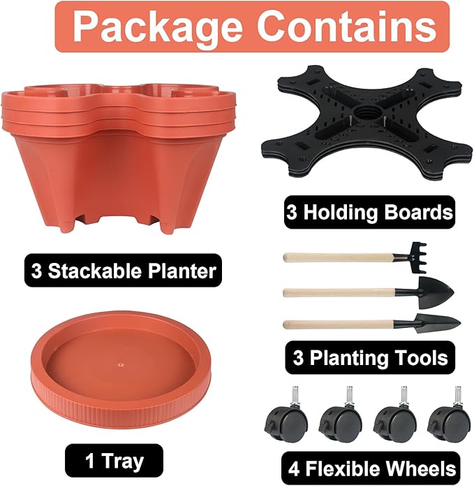Vertical Planter 3 Tier Stackable Planters Garden Planters Strawberry Herb Flower and Vegetable Planter Indoor Outdoor Gardening Pots with Removable Wheels and Tools 2-Pack