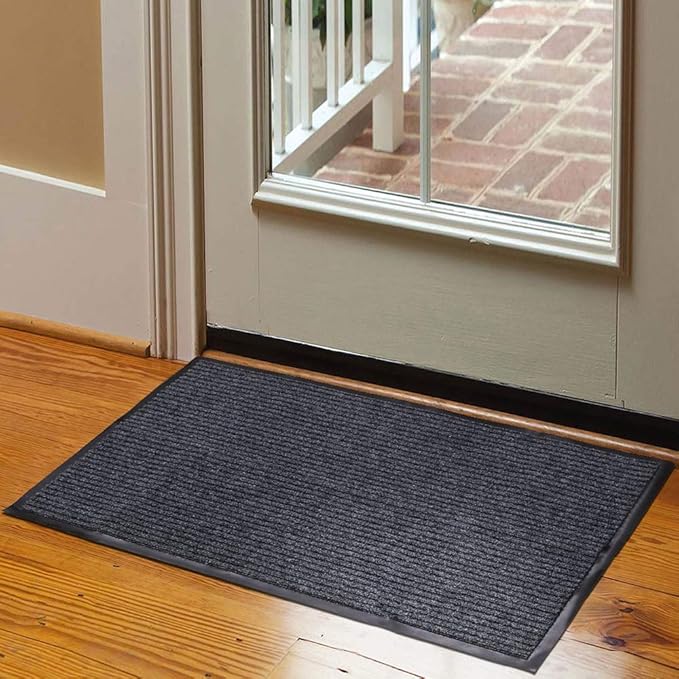 Fani Heavy Duty Large Grey Striped Floor Door Mat - Waterproof Low Profile Home Rug with Anti-Skid Rubber Back (Gray, 23" x 35")