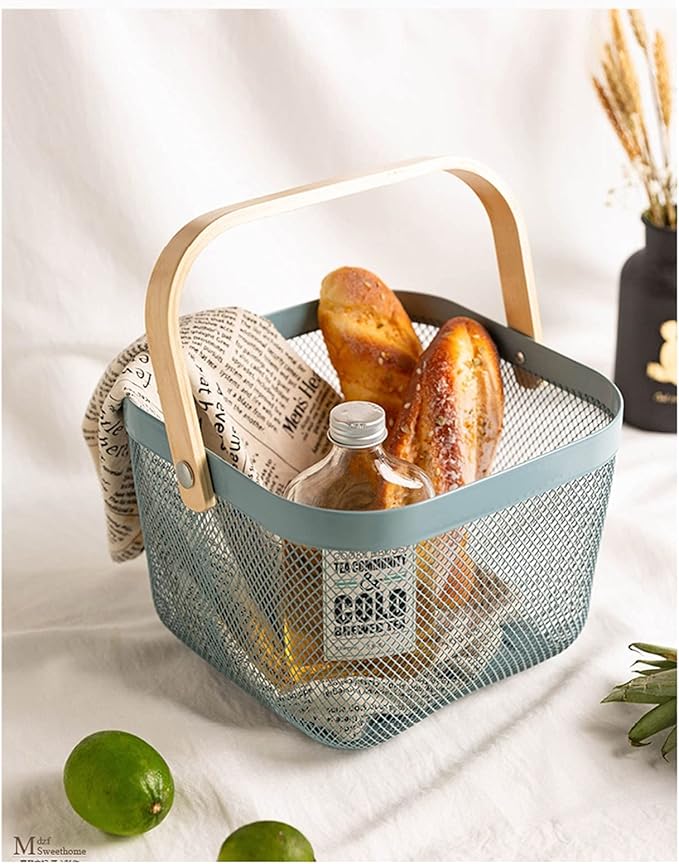 Metal Mesh Steel Basket, Storage Organizer Basket Multi-functional Hanging Kitchen Baskets Fruit Basket Bin with Bamboo Handle for Kitchen Bathroom Picnic Shopping Decor Cabinet Home, Blue