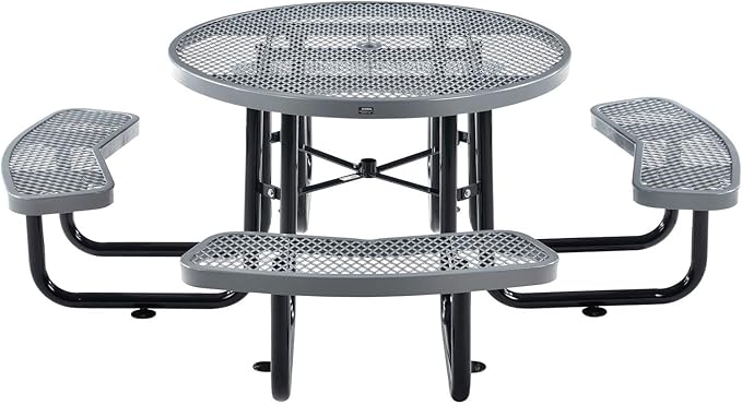 Global Industrial 46" Round Picnic Table, Expanded Metal, Gray Thermoplastic Coating, Attached Benches, 1-1/2” Umbrella Pole Hole, Outdoor-Rated, 1000 lb Capacity