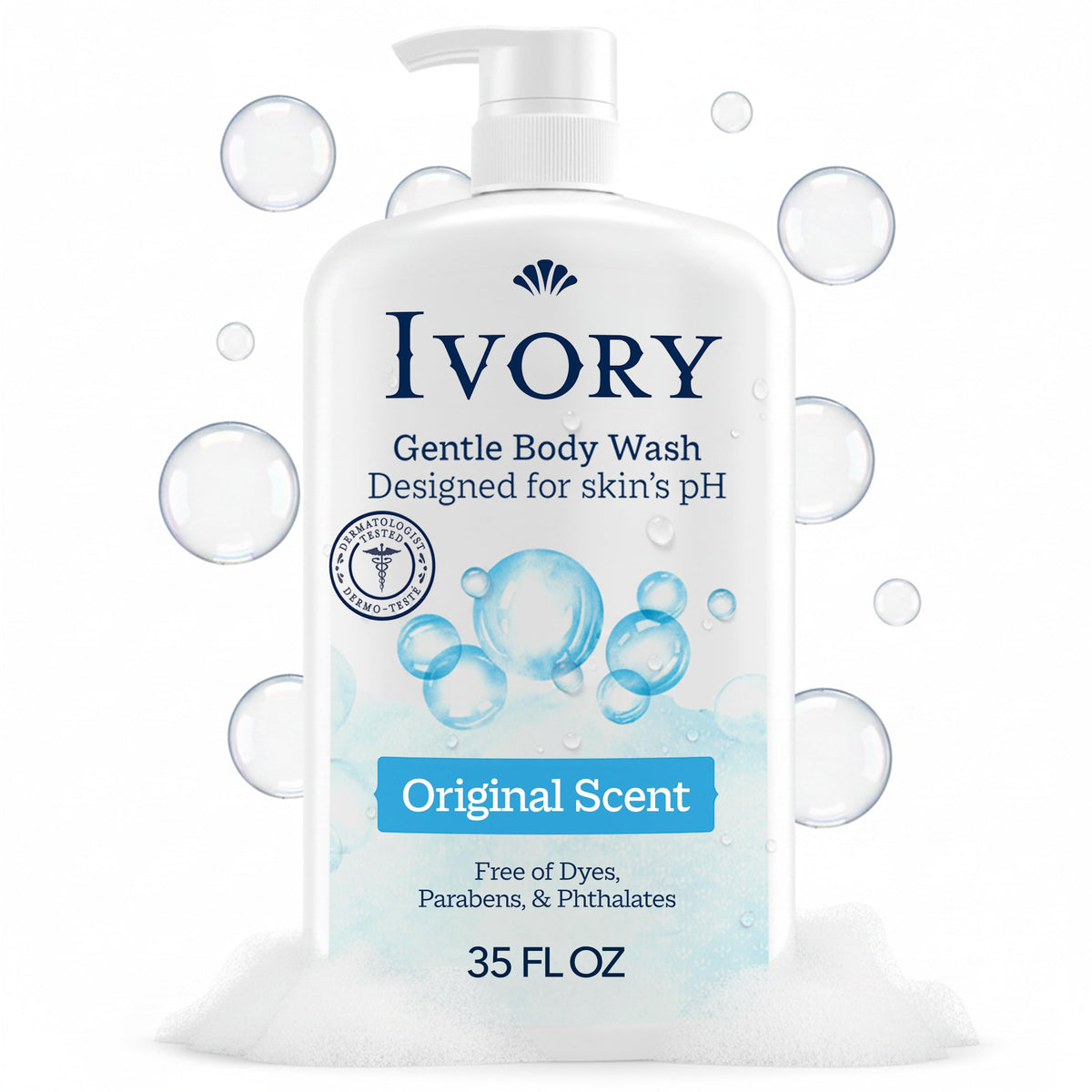 Ivory Body Wash, Designed for the Whole Family, Gentle Formula, Free of Dyes Heavy Perfumes Parabens Phthalates & Silicones, for Sensitive Skin, Designed for Skin's pH, Original Scent, 35 oz