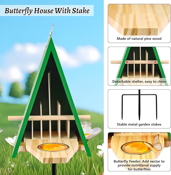 2025 New Butterfly House and Feeder for Outside, Wooden Butterfly House with Metal Stake for Garden, Natural Butterfly Habitat with Butterfly Puddler on The Floor or Hanging on Tree Wall