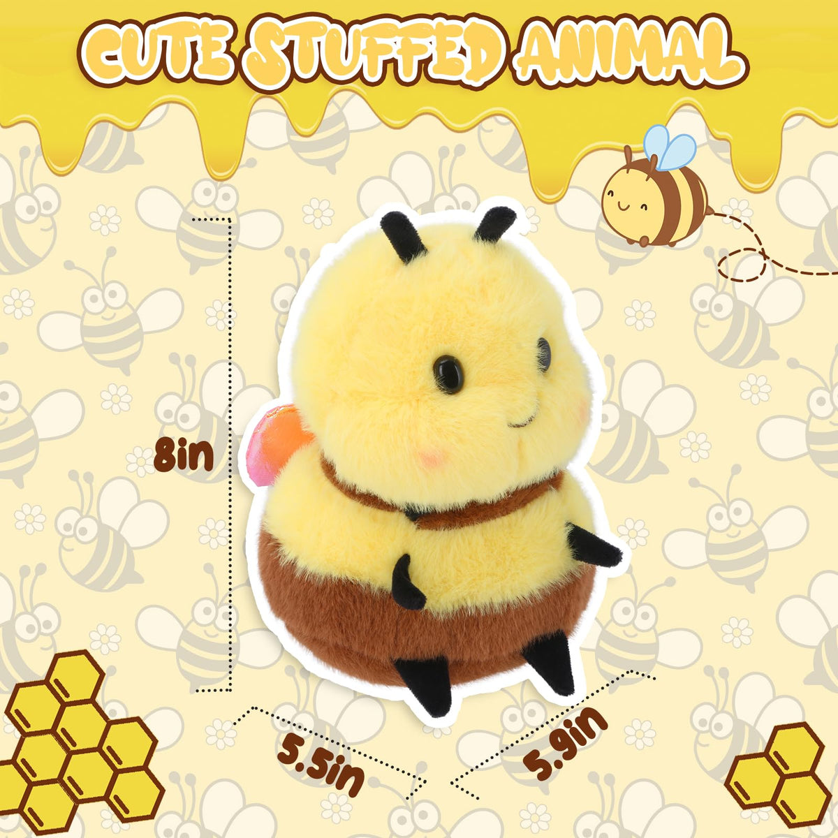 RHHSSE Chubby Smiling Bee Plush, Lucky Soft Bumblebee Plush Toy, Cute Bee Stuffed Animal, The Best Gift for Child and Partners(8 inch)