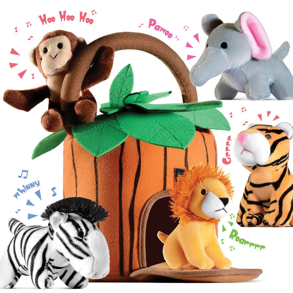 Play22 6-Piece Talking Stuffed Animals Set - Jungle Plush Toys with Carrier