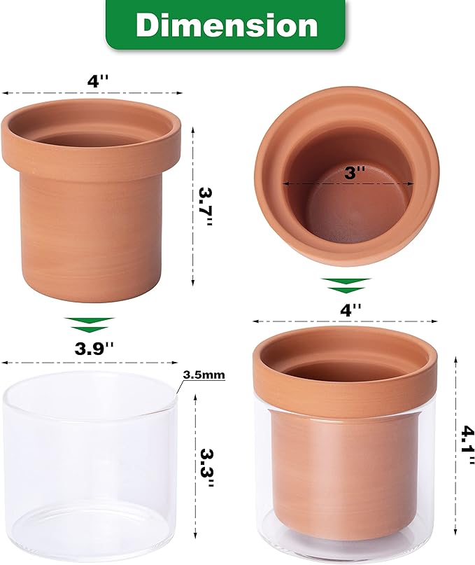 Phoenix Vine 4 Inch Self Watering Planter Pot, Terracotta Clay Pot with Glass Reservoir for Indoor Plants, Herbs, Flowers, Set of 3, 52-A-E-3