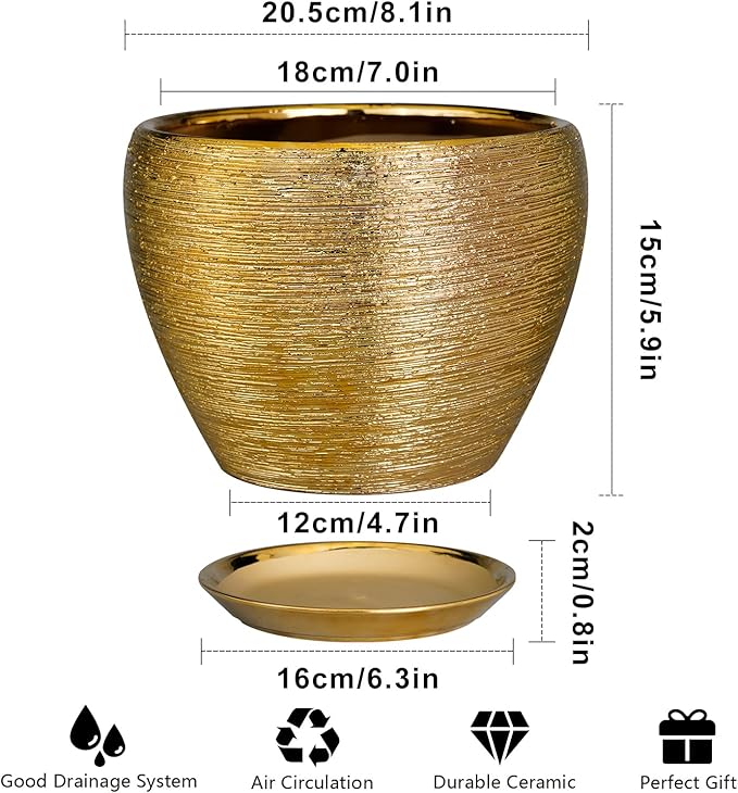 Ceramic Plant Pot 8 Inch - Planter for Outdoor Plants Indoor Plant Pot with Drainage Hole and Saucer Decorative Round Planter Modern Flower Pot for House Decor Gold
