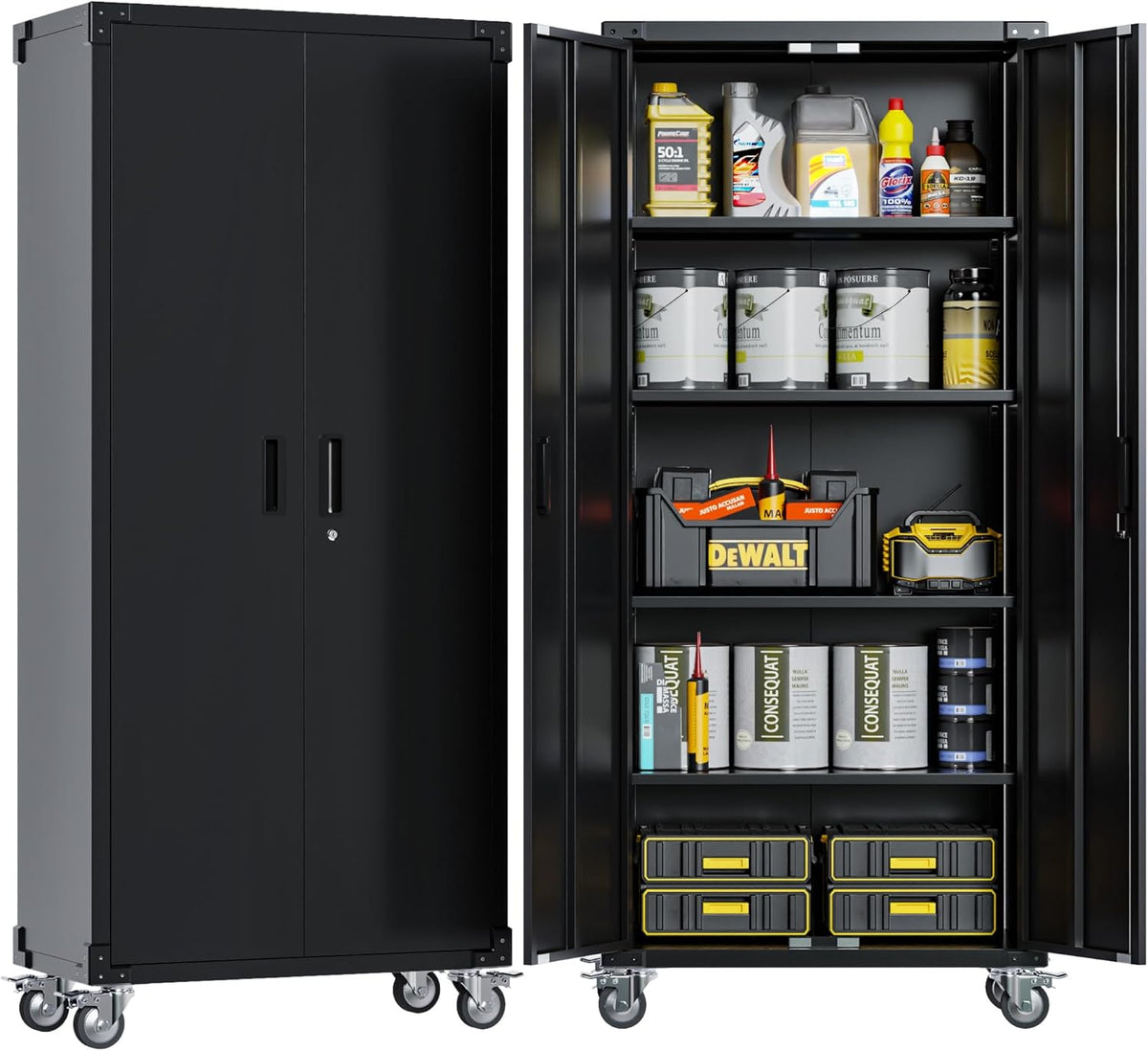 72" H Metal Storage Cabinet with 2 Doors and 4 Adjustable Shelves, Garage Storage Cabinet with Wheels for Garage Home, Required-Assembly,Black