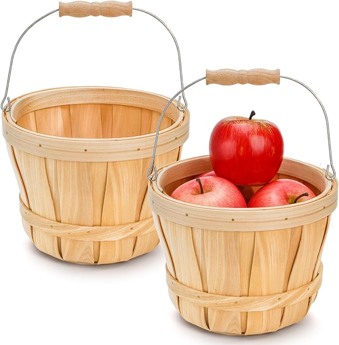 Okllen 2 Pack Round Wooden Baskets with Handle, Empty Wood Fruit Buckets, Easter Basket Fall Harvest Basket for Display Fruits Vegetables, Home Garden and Party Supplies, Natural Color