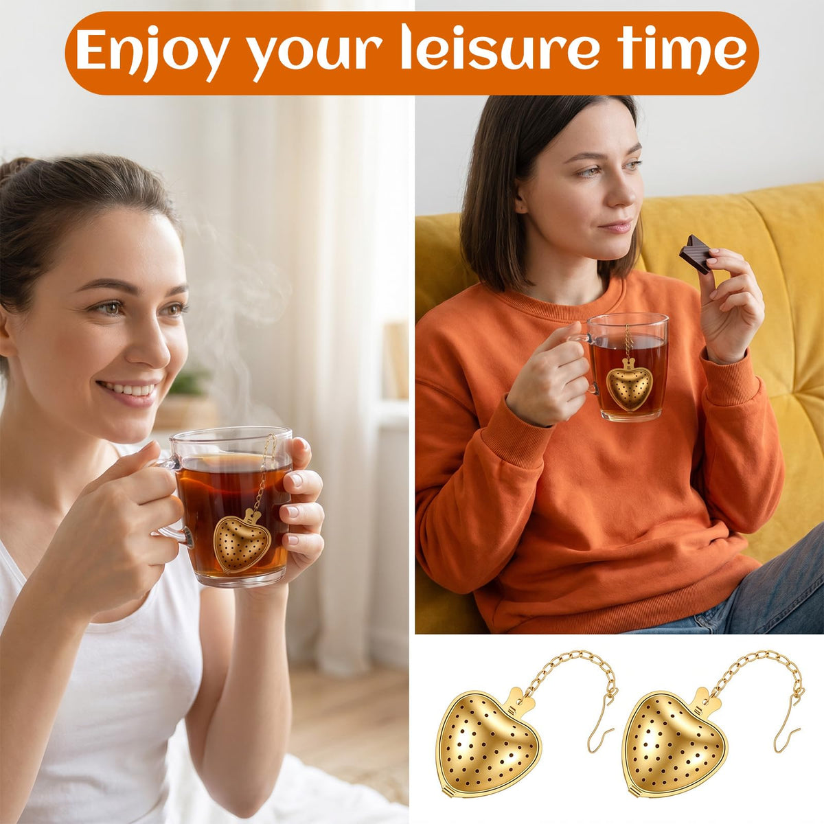 50pcs Heart Shaped Tea Strainers for Loose Tea Filter, Stainless Steel Tea Strainer Ball Infuser Tea Steeper Mesh Filters with Extended Chain Chain Hook for tea party Seasonings Cup Bottle(Gold)