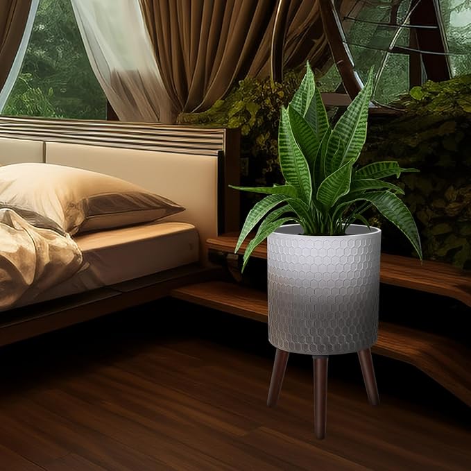 12 Inches Indoor Plant Pot with Walnut Color Stand Honeycomb Embossed Flower Pot with Drainage Holes Large Modern Planters for Indoor Plants-Gradient White Gray