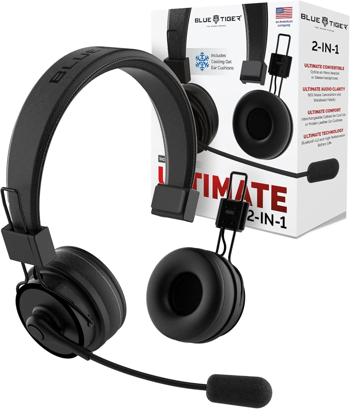 Blue Tiger Premium Elite Ultimate Single and Dual Ear 2-in-1 Bluetooth Headset – Professional Noise Cancellation Head Set with Microphone – USB-C Fast Charge & Long Battery Life