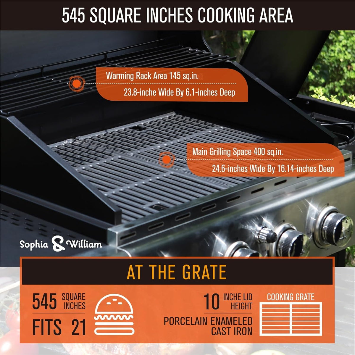 Sophia & William 4-Burner Propane Gas BBQ Grill with Side Burner and Porcelain-Enameled Cast Iron Grates, Stainless Steel Barbecue Grills Outdoor Cooking, Silver Cabinet Style, 42,000BTU