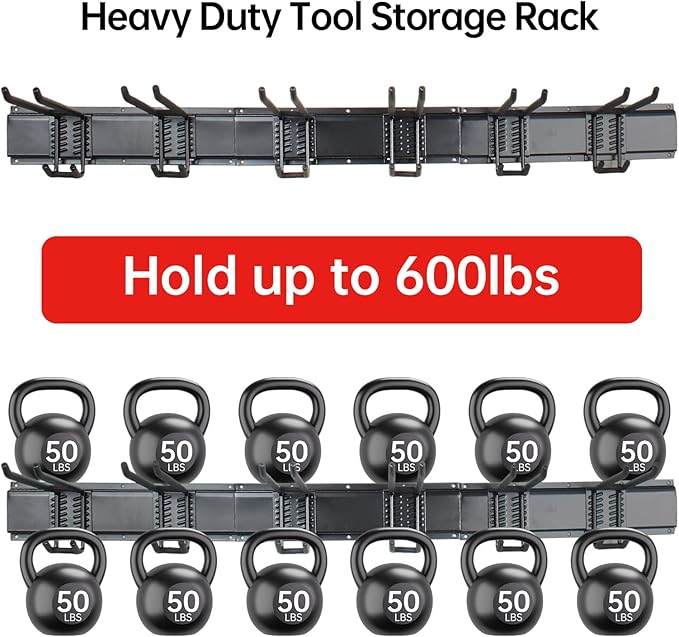 Garage Storage Rack Hooks, 48 Inch Heavy Duty Wall Mount Garage Organization with 3 Rails and 6 Adjustable Double Wall Hooks,Hanging Shelves for Garden Tool/Broom/Mop(Black)
