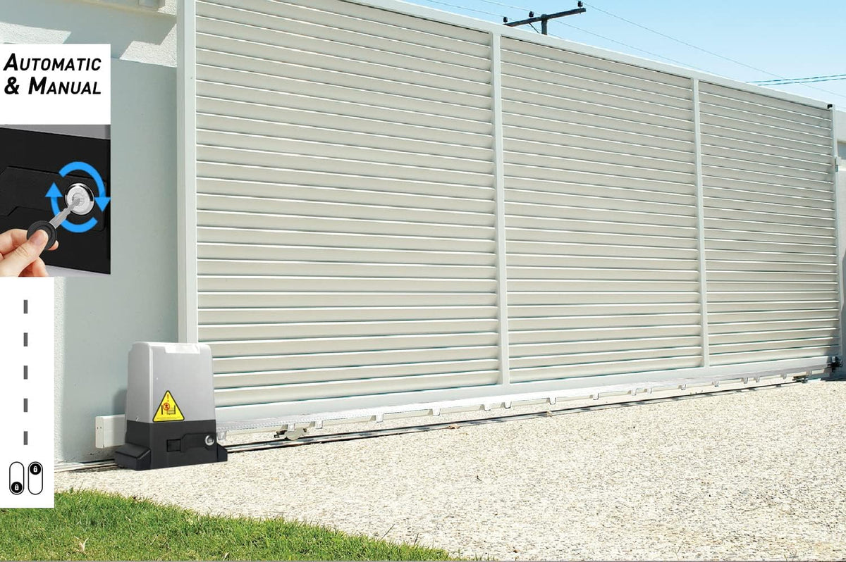 Blütezeit 2650lb Automatic Sliding Gate Opener Rack Drive Operator for Heavy Driveway Slide Gates Up to 40 Feet, Rolling Gate Motor with 2 Remote Controls, Infrared Sensor & Complete Hardware Kit