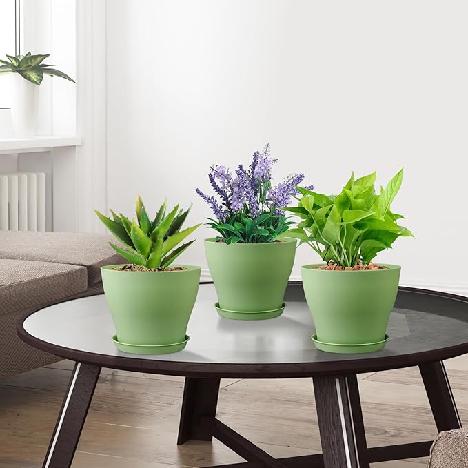 6 inch Plastic Nursery Pots,16 Pack Plant Pots for Small Indoor Outdoor Plants, Flower Pots with Drainage Holes and Saucers, Decorative Seedling Starter Planters for House Plants, Green