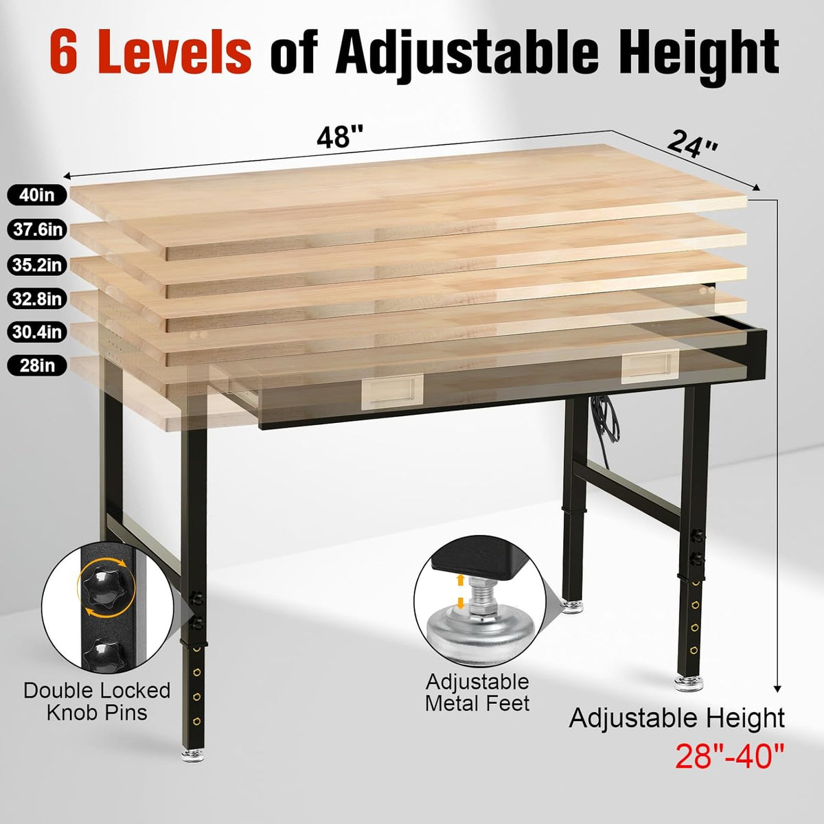 48" Workbench with Drawers, Work Benches for Garage with Strip Light, Adjustable Work Table with Large Pegboard, 2000 LBS Heavy Duty Table with Power Outlet Rubber Wood for Garage, Office