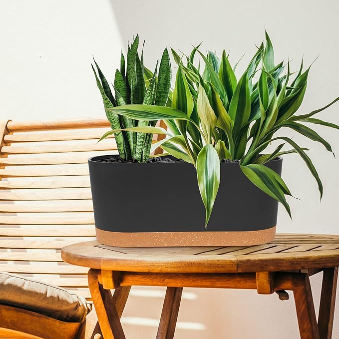 QCQHDU 16" L x 7.6" W x 7" H Window Planter Box, 2 Pack Self Watering Pots for Indoor Plants with Drainage Holes & Saucer, Outdoor Flower Pots Home Garden Modern Decor
