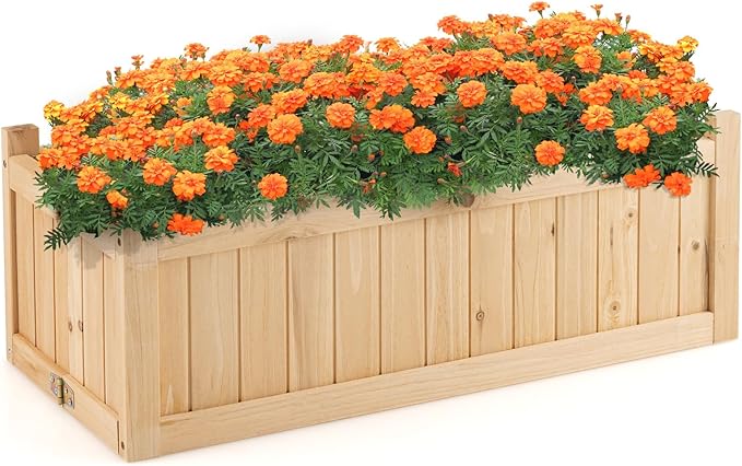 GRAFFY Raised Garden Bed, Folding Wood Planter Box w/Removable Bottom & Drainage, Elevated Planter for Flower Herb Vegetable Fruit, Plant Container for Grass Lawn Patio Backyard (27.5"D x 12"W x 10"H)