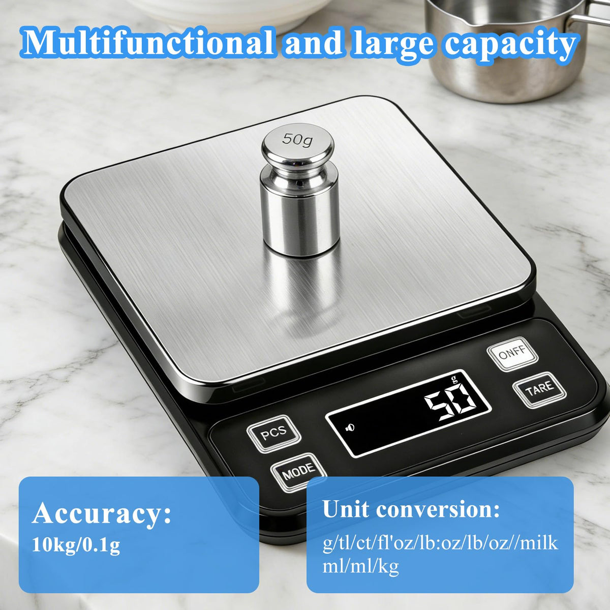 IP67 Waterproof Digital Kitchen Scal 10kg/0.1g High Precision Food Scale with Type-C Rechargeable 304 Stainless Steel Platform Tare & Counting Function for Baking Cooking Meal Prep