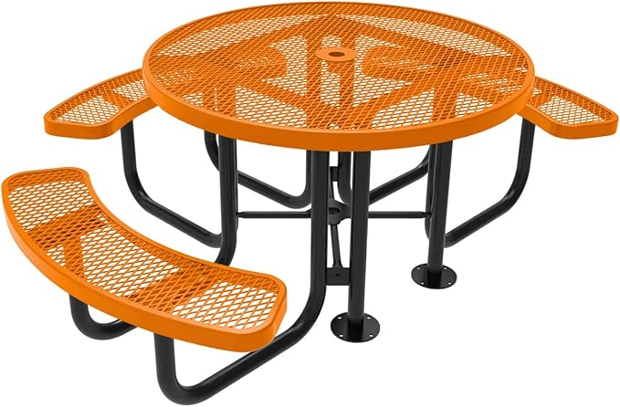 Heavy-Duty Portable ADA-Compliant Outdoor Picnic Table with Umbrella Hole, Expanded Metal Patio Dining Furniture Made in America (46" Round Top, Textured Orange)
