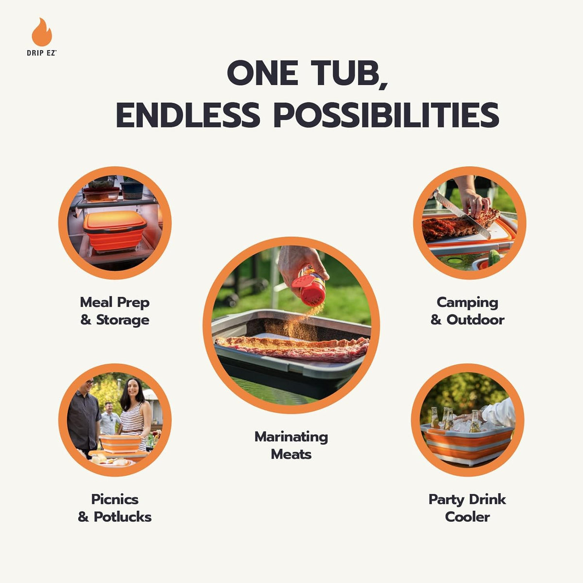 Drip EZ Collapsible BBQ Prep Tubs 3-Piece Set- For Meal Prep Marinating Food Storage - Includes Cutting Board & Lid - (1) JR - Black + (1) OG - Orange + (1) XL - Black