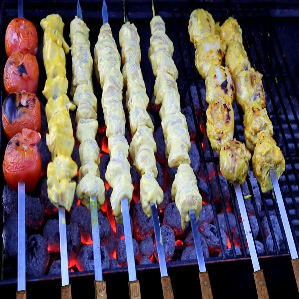 12 Pack Kebab Skewers 23.5 Inch Long Flat Stainless Steel Grilling BBQ Skewer Reusable Barbecue Skewers with Wood Handle,Ideal for Koubideh Persian Brazilian Chicken Shrimp Turkish Shish Kabob