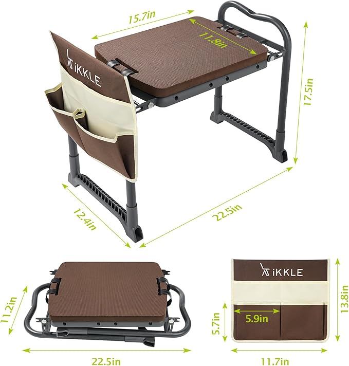 ikkle Garden Kneeler and Seat Gardening Stool Kneeler Folding Gardening Bench with Thicker Detachable Kneeling Pad and Tool Store Pouches (Brown)