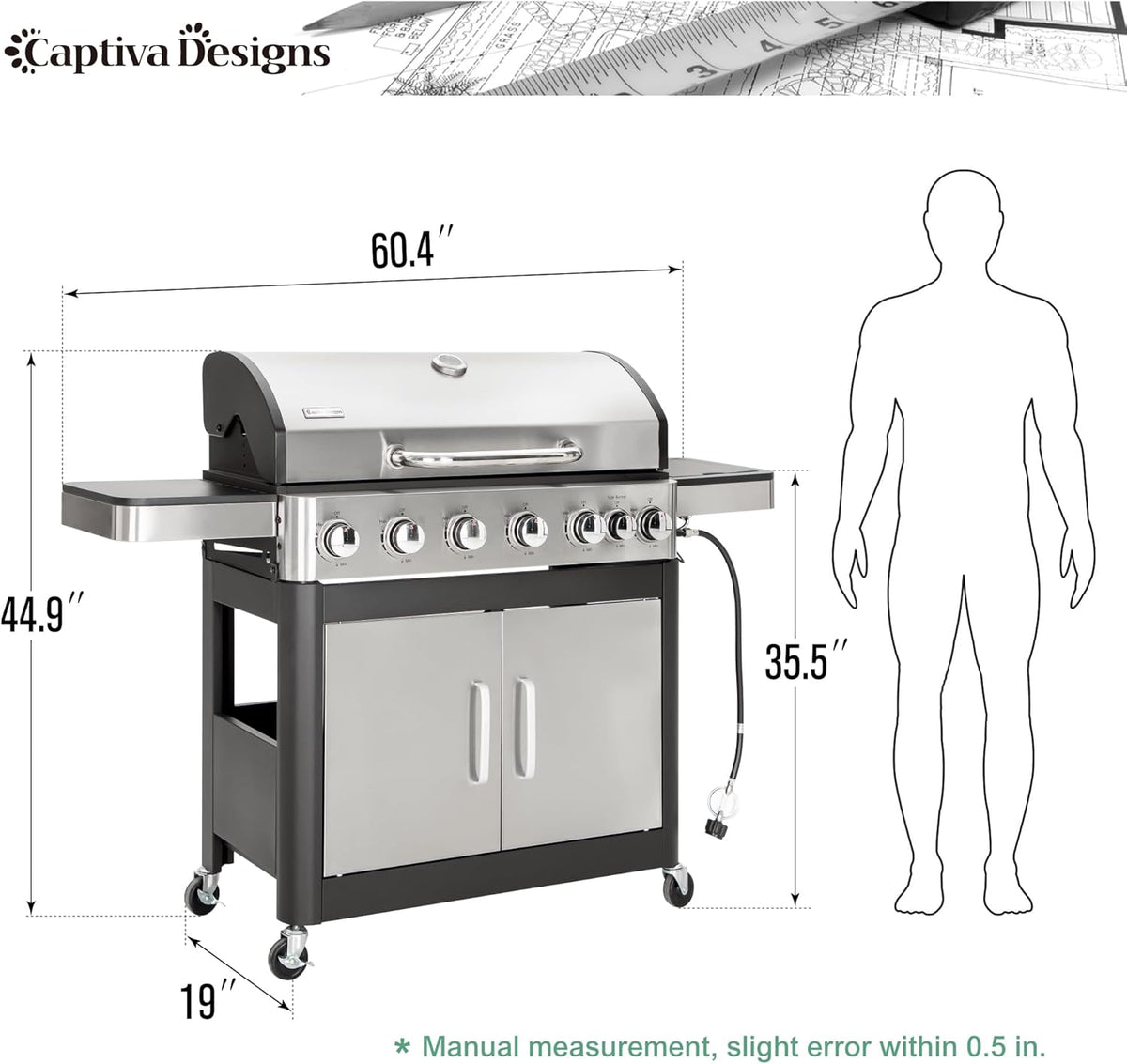 Captiva Designs 6-Burner Propane Gas BBQ Grill with Side Burner & Porcelain-Enameled Cast Iron Grate for Outdoor Kitchen & Backyard Barbecue, 65,800 BTU Output,665 SQ.IN. Cooking Area,Stainless Steel