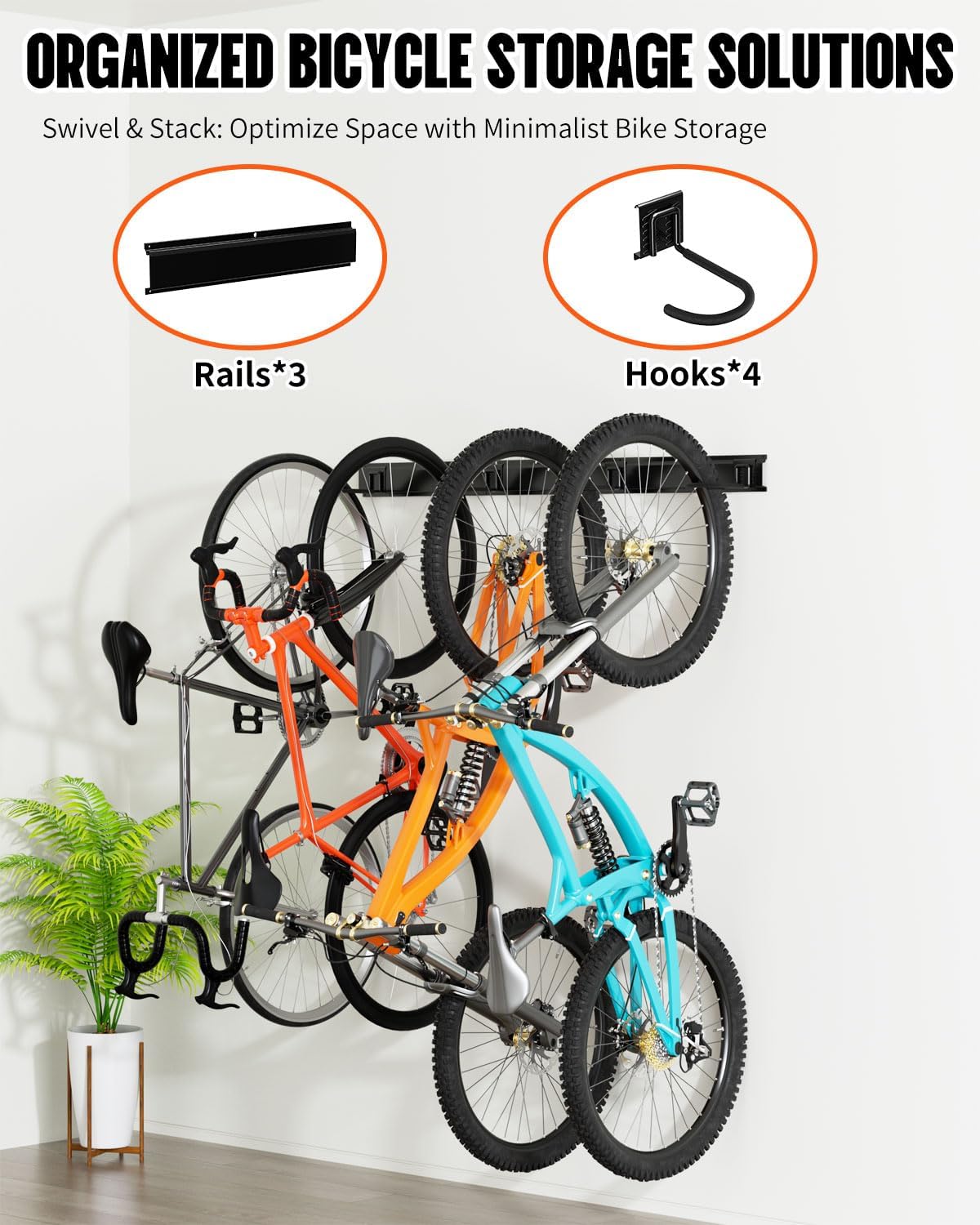 Bike Rack Wall Mount, Bike Hooks for Garage Storage,Vertical Bike Hanger for Indoor Use, Holds Up to 300 lbs, Adjustable Hook System with 4 Hooks and 3 Rails,48 Inches, Black