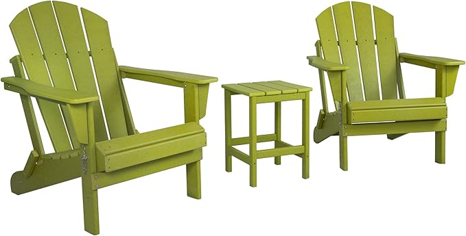 WO Home Furniture Adirondack Chairs Table Set of 3 PCS Outdoor Folding Chairs Side End Table Weather/UV Resistant for Lawn, Garden, Bon Fire, Balcony (Lime)