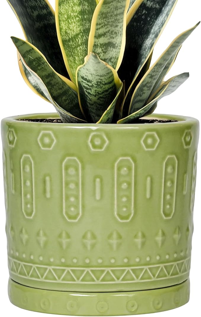 Ceramic Pot for Plants - 6 Inch Indoor Planter with Drainage Hole and Saucer, Round Decorative Flower Pots Outdoor, Boho Succulent Planter, Garden Home Decor, Gifts for Plant Lover, Green