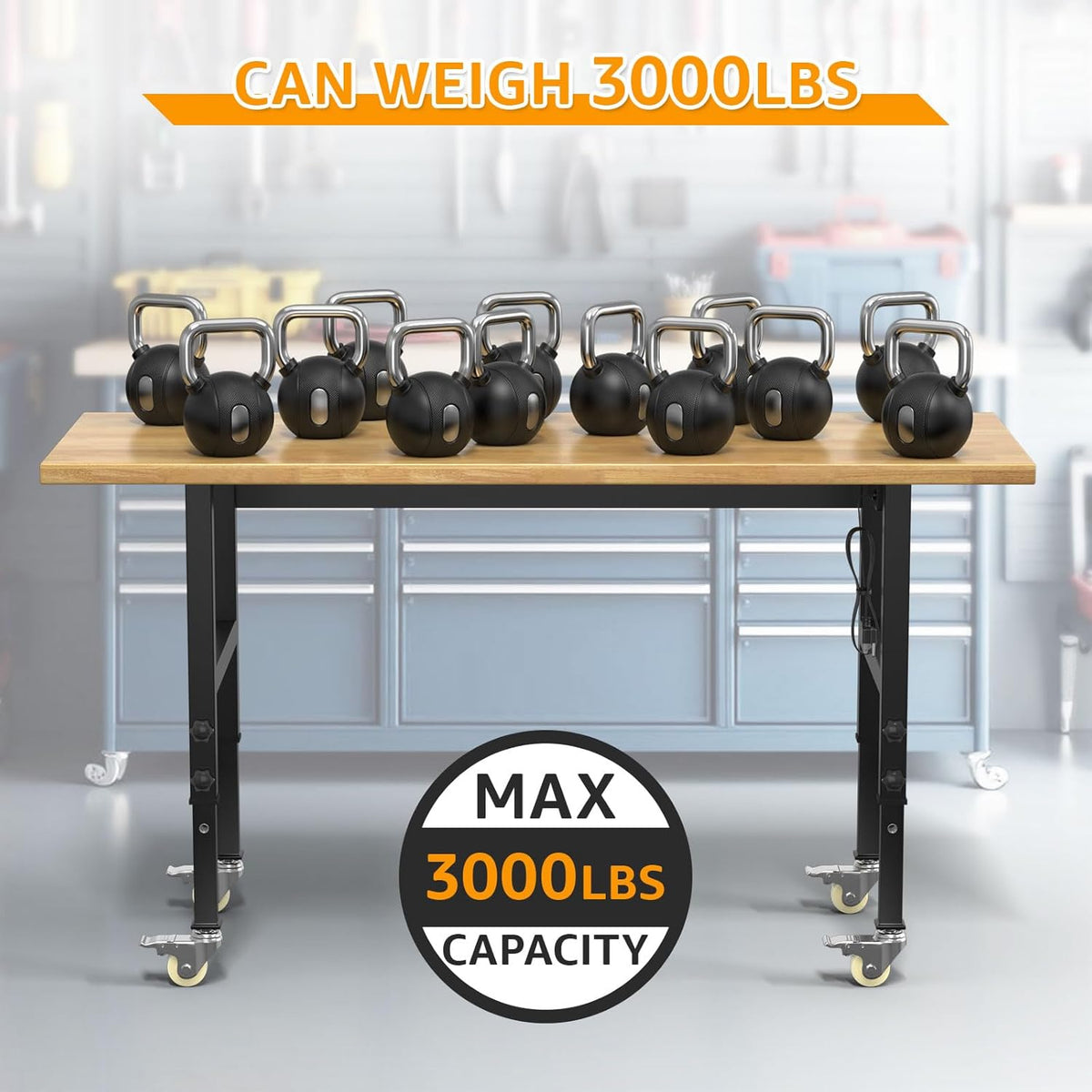 60" Adjustable Workbench,Heavy-Duty Work Table,3000 LBS Load Capacity Hardwood Workstation Outlets with Power Strips and Wheels,for Workshop, Garage