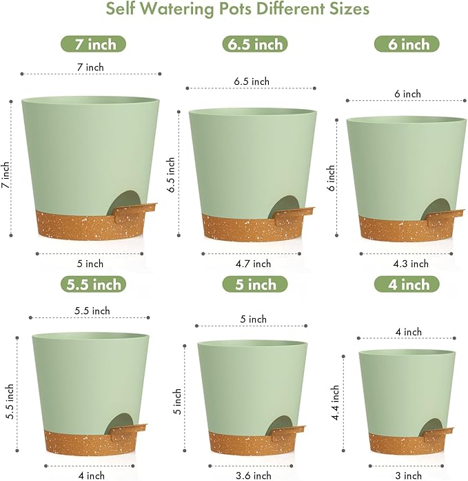 7/6.5/6/5.5/5/4 inch Self Watering Pots for Indoor Outdoor Plants, 6 Pack Plastic Flower Planters with Drainage Holes and Removable Saucers, Plant Pots with Wicking Rope, Green Brown