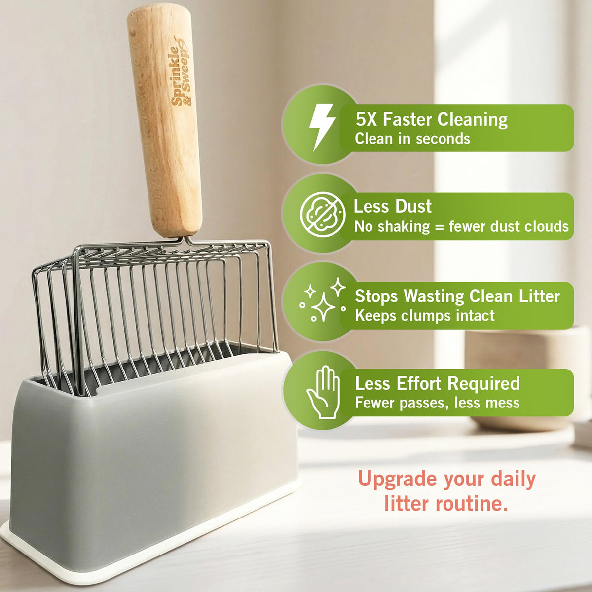 Cat Litter Scoop, Metal Litter Scooper – 5X Faster No-Shake Sifting Design, Stainless Steel Litter Scoop with Holder, Reduces Dust & Waste – Sprinkle & Sweep