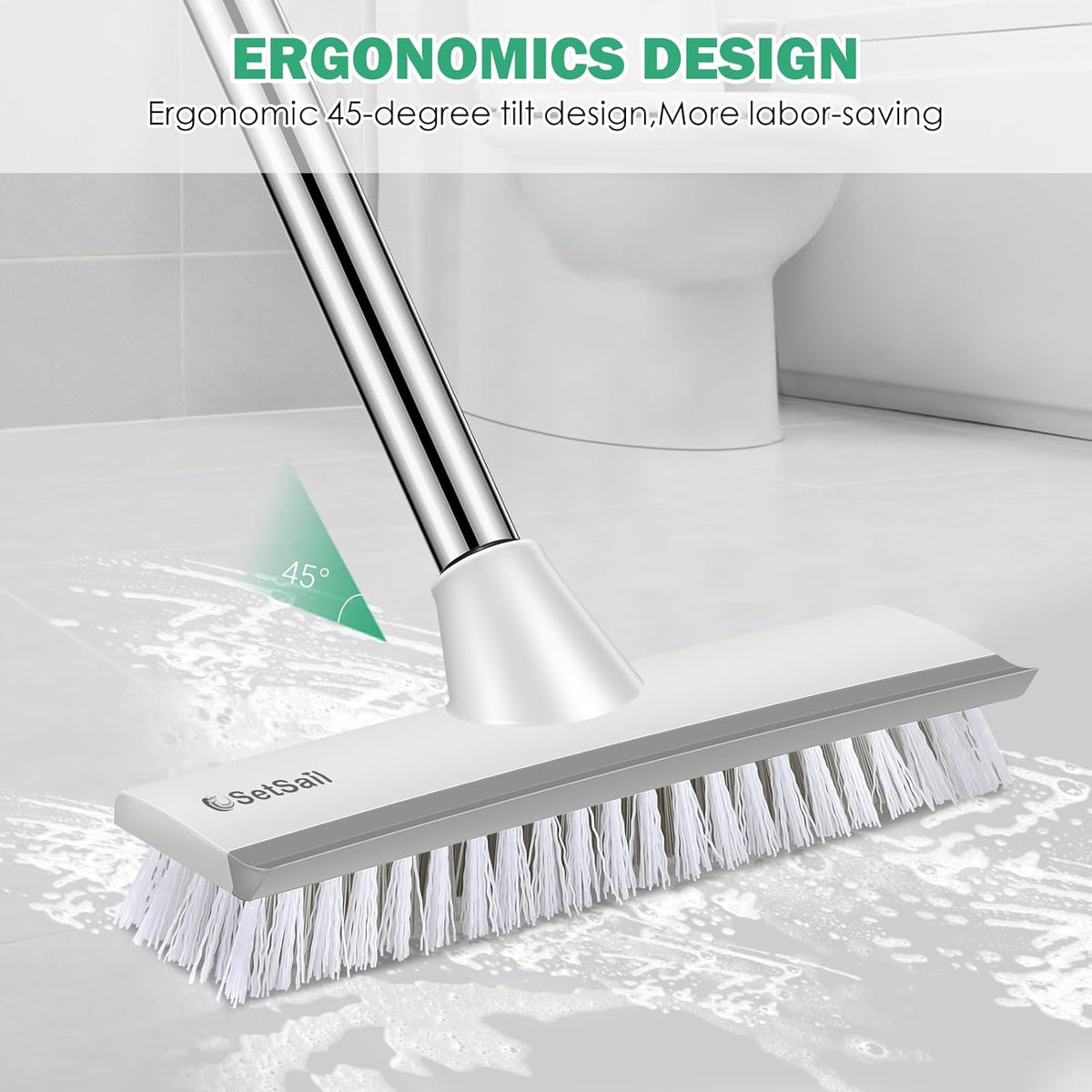 SetSail Floor Scrub Brush with 51-Inch Long Adjustable Handle 2 in 1 Scrape Brush Stiff Bristle Floor Scrubber for Cleaning Shower Bathroom Garage Kitchen Wall Deck Tub Tile,White
