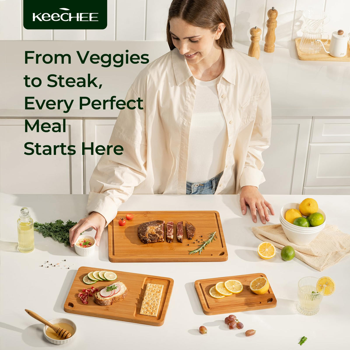 Keechee Bamboo Cutting Board, Durable Wood Cutting Boards for Kitchen with Deep Juice Grooves & Built-in Handles, Ideal Charcuterie & Chopping for Meat, Vegetables and Fruits Kitchen Gifts for Men