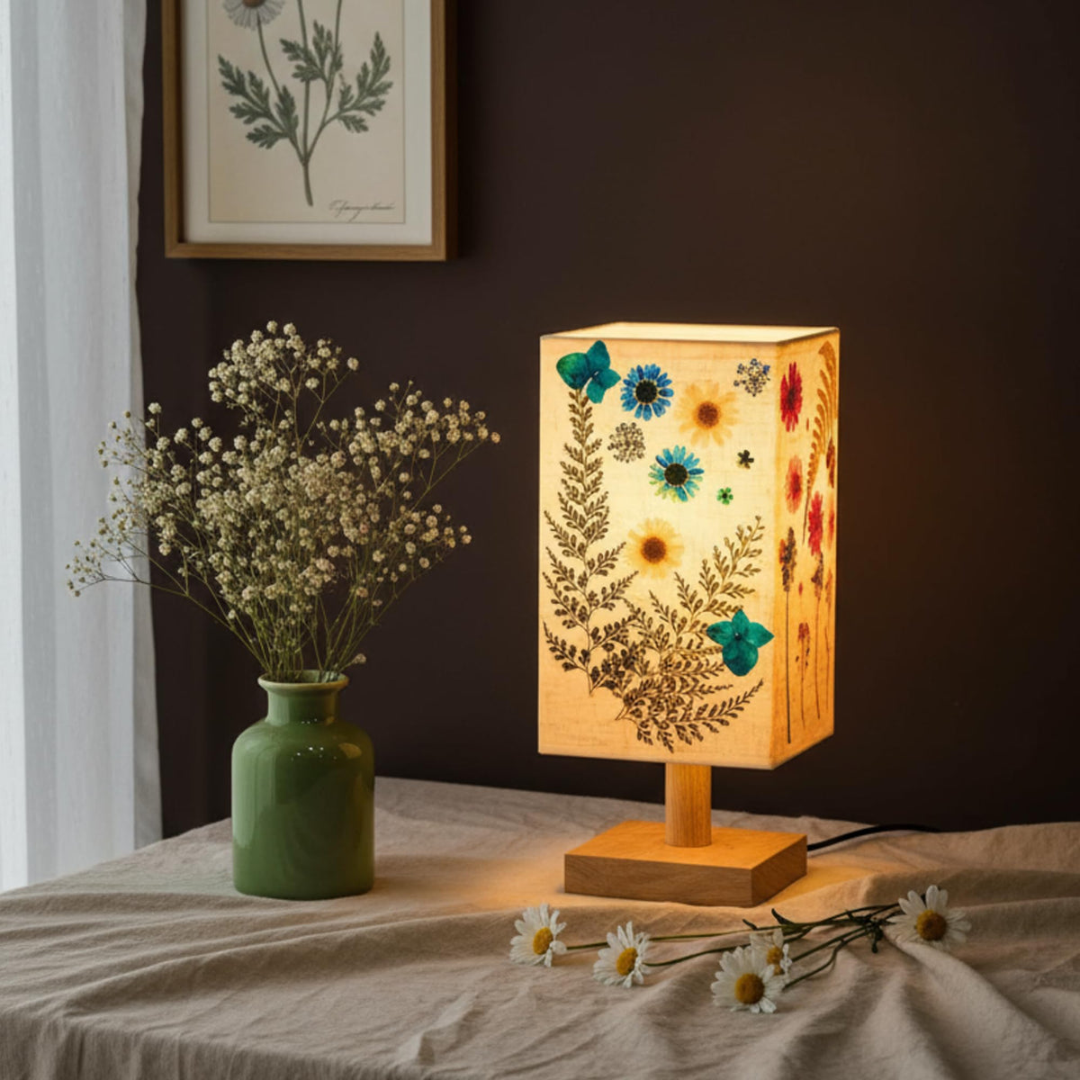 Hortsun Pressed Flower Vintage Table Lamp,Rectangle