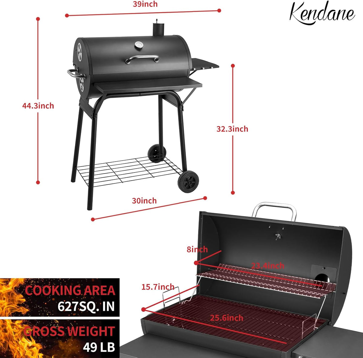 Barrel Charcoal Grill, Large Charcoal Grills with Front and Side Shelf, 627 Square Inches Cooking Grid, Outdoor BBQ Grill, Perfect for Backyard Camping, Patio Parties, and Picnics