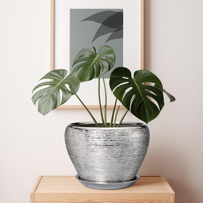 Flower Pot - 10 Inch Planter with Drainage Hole and Saucer - Indoor/Outdoor Decorative Mid-Century Planter - Silver