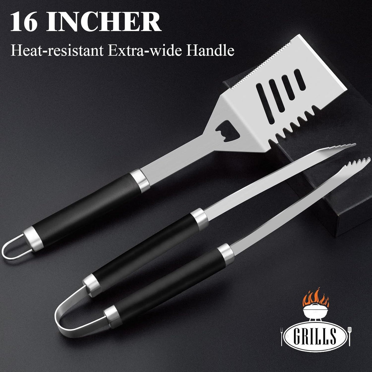ROMANTICIST 30pcs BBQ Grill Tool Set for Men Dad, Heavy Duty Stainless Steel Grill Utensils Set, Non-Slip Grilling Accessories Kit with Thermometer, Mats in Aluminum Case for Fathers Day Black