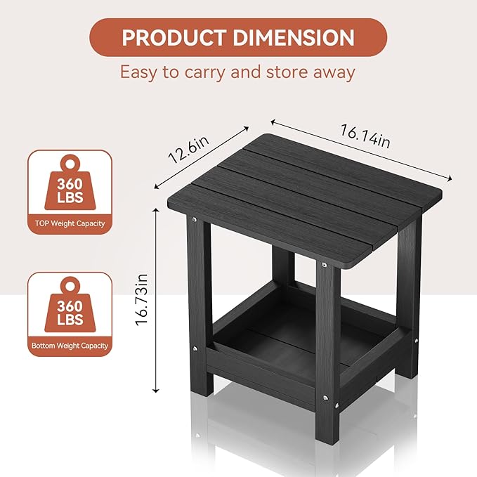 Adirondack Outdoor Side Table Small Outside Table for Patio Poolside Yard Garden 2-Tier Outside End Tables, Indoor or Outdoor Use, Easy Maintenance, 2 Pcs, Black