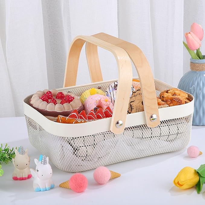 Metal Mesh Steel Basket, Storage Organizer Basket Garden Harvest Basket Multi-functional Kitchen Fruit Baskets Bin with Wooden Handle for Bathroom Picnic Shopping Decor Cabinet Home, White