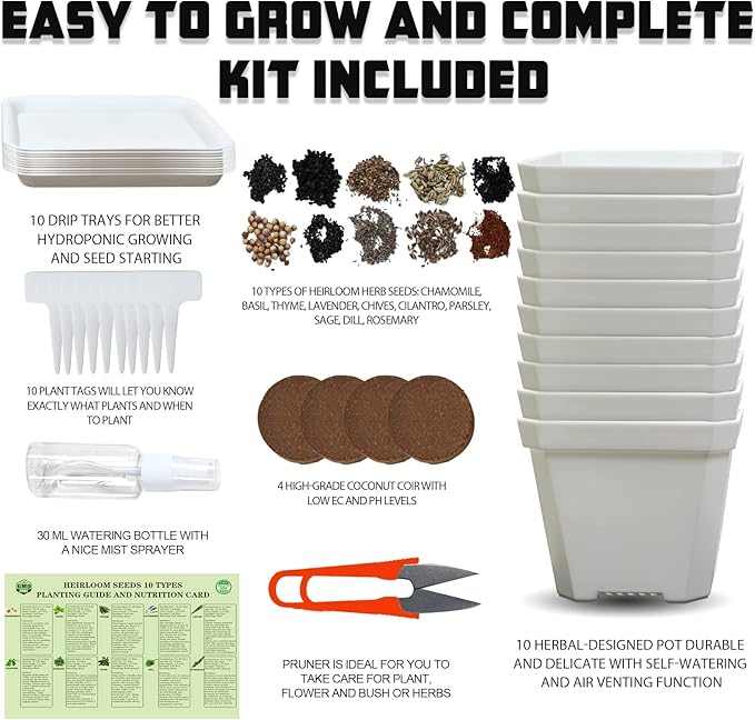 10 Herb Seeds Garden Starter Grow Kit with White Pots, Markers, Nutritional Soil, Watering, Herb Clipper, Complete Indoor Potted Plant Growing Set for Kitchen DIY